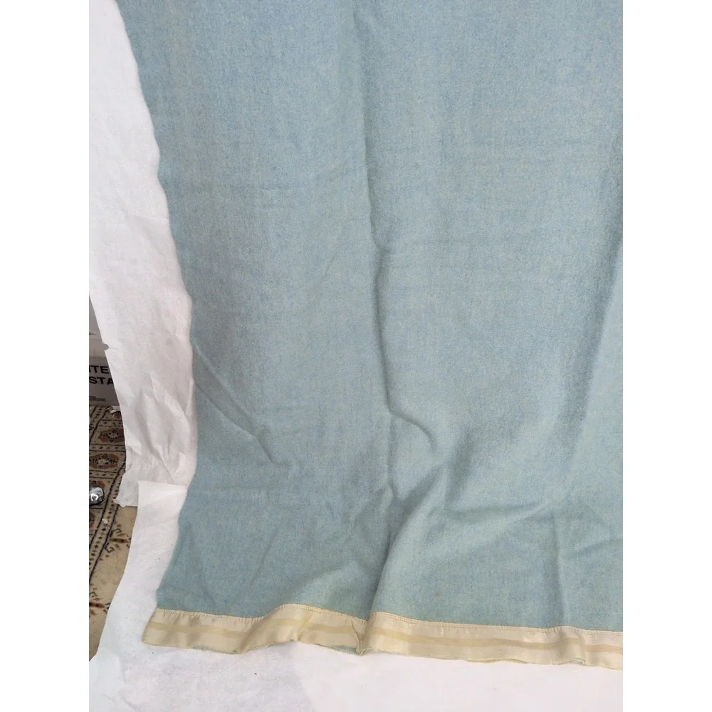 Vintage Kenwood Wool Satin Trim Teal Blue Blanket 73X84 In